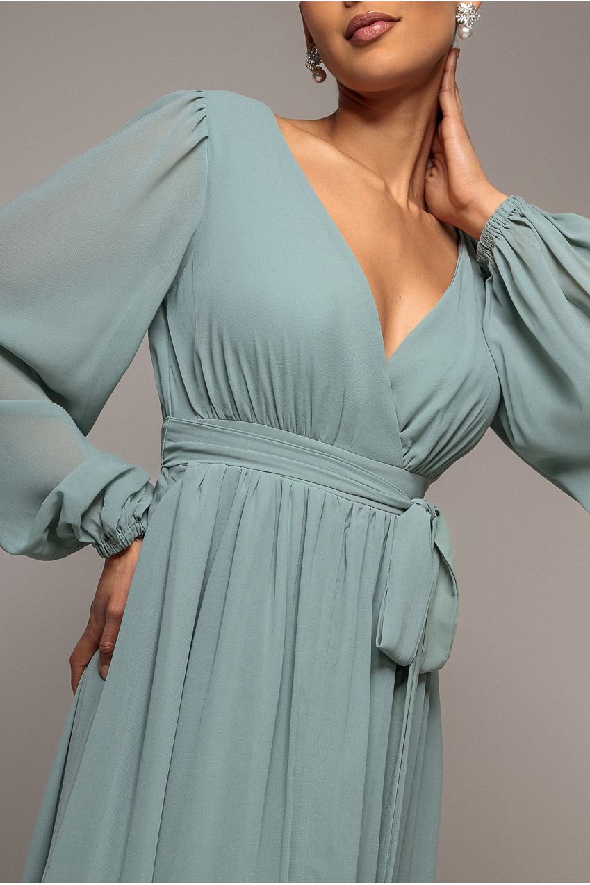 Sustainable Front Split Wrap Style Chiffon Maxi Dress - Sage Green DR4314BBS