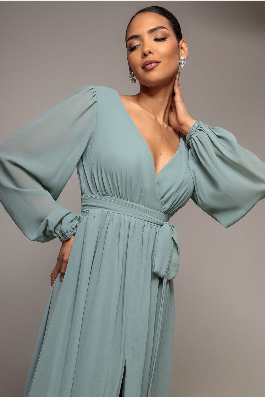 Sustainable Front Split Wrap Style Chiffon Maxi Dress - Sage Green DR4314BBS