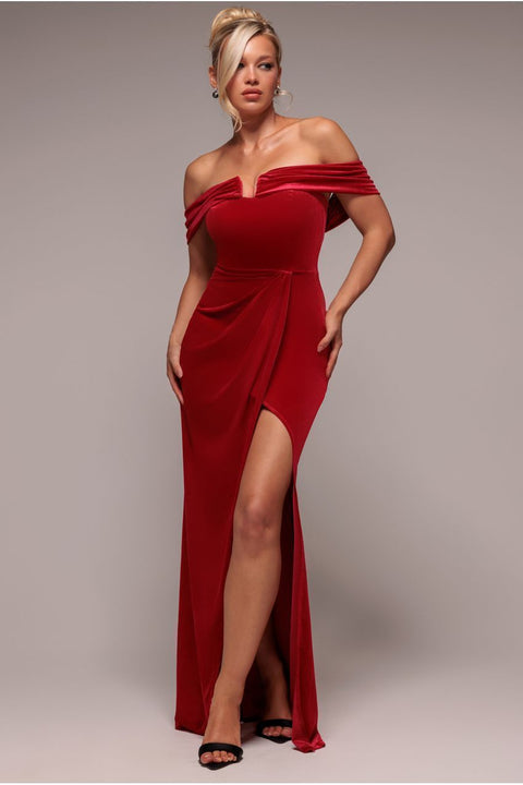 Off The Shoulder Front Split Velvet Maxi Dress - Red by Goddiva