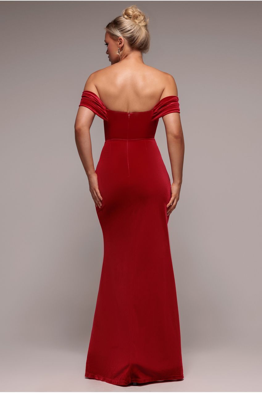 Off The Shoulder Front Split Velvet Maxi Dress - Red DR4318