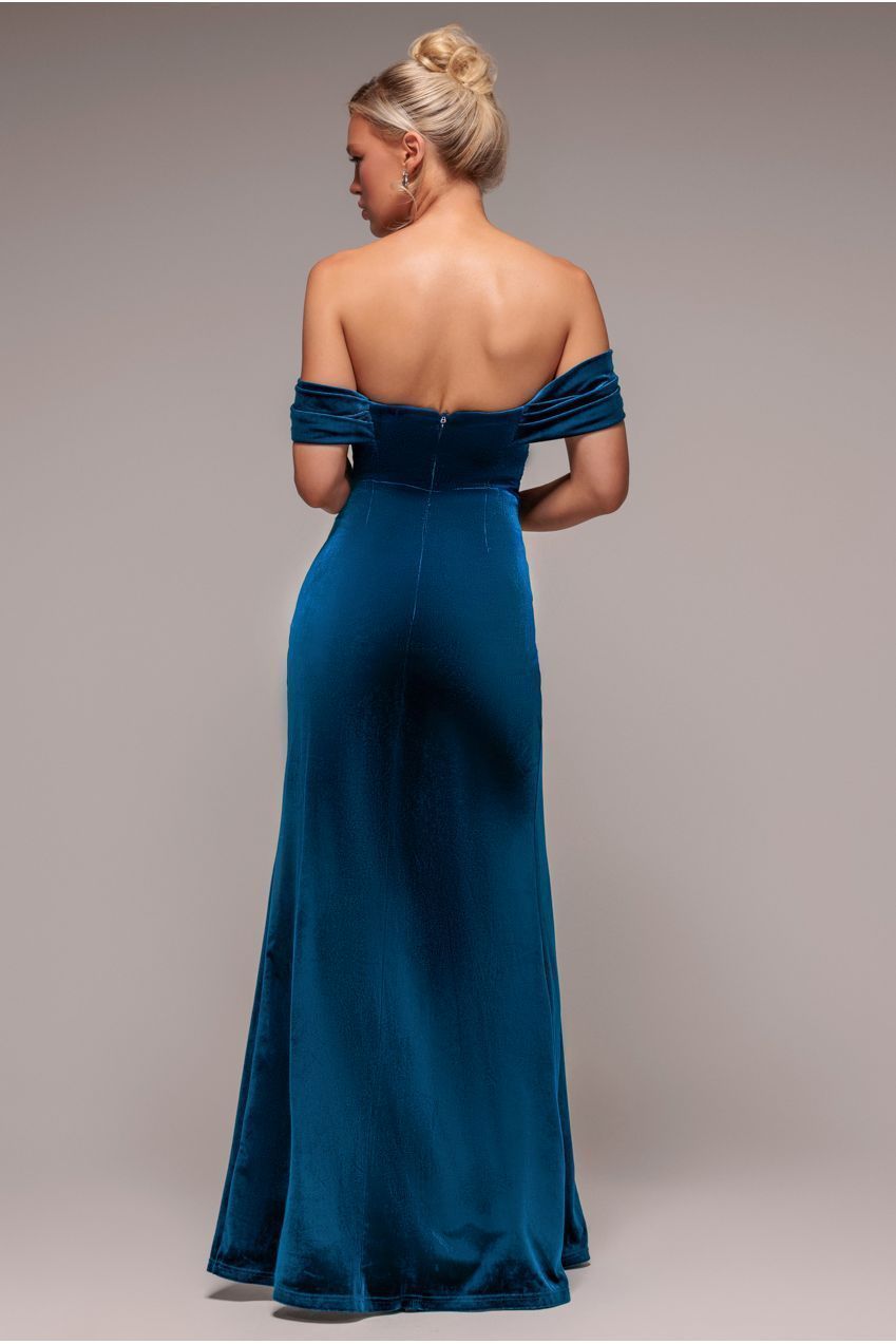 Off The Shoulder Front Split Velvet Maxi Dress - Teal DR4318