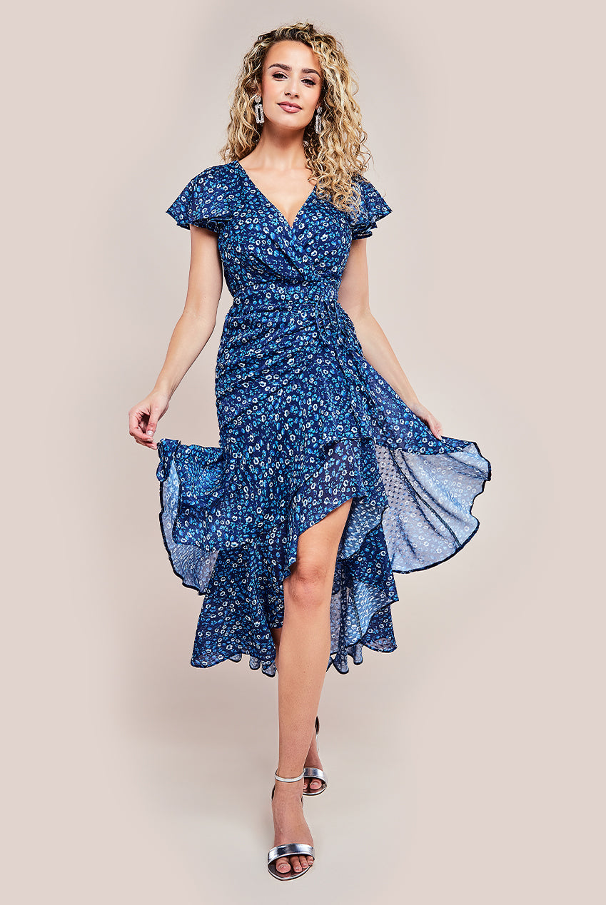Printed Wrap High And Low Midaxi Dress - Navy DR4319