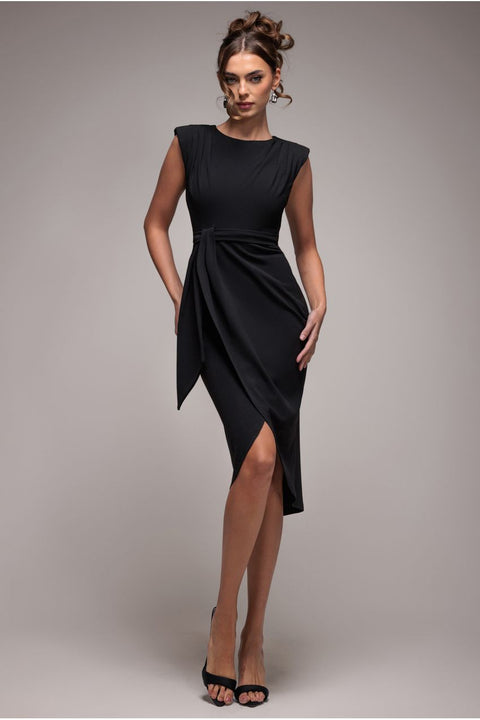 Sleeveless Asymmetric Wrap Midi Dress - Black by Goddiva