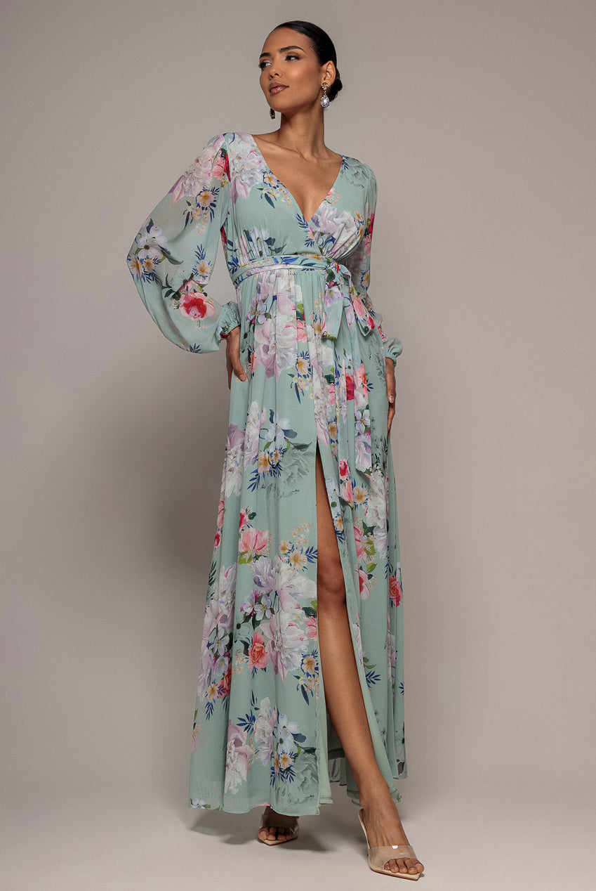 Wrap Front Slit Floral Maxi Dress - Sage Green DR4325