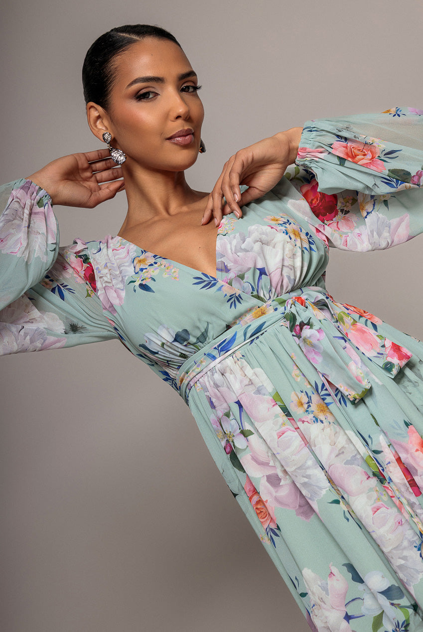 Wrap Front Slit Floral Maxi Dress - Sage Green DR4325