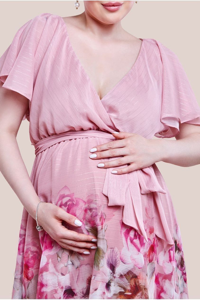 Maternity Chiffon Lurex Floral Border Print Midi Dress - Blush DR4331MAT