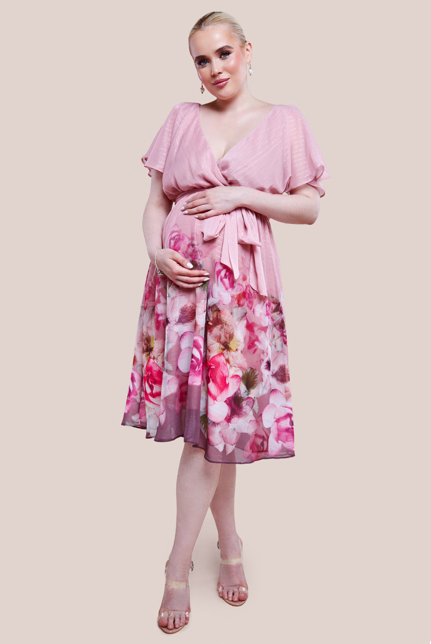 Maternity Chiffon Wrap Floral Skirt Midi Dress - Blush DR4331MAT