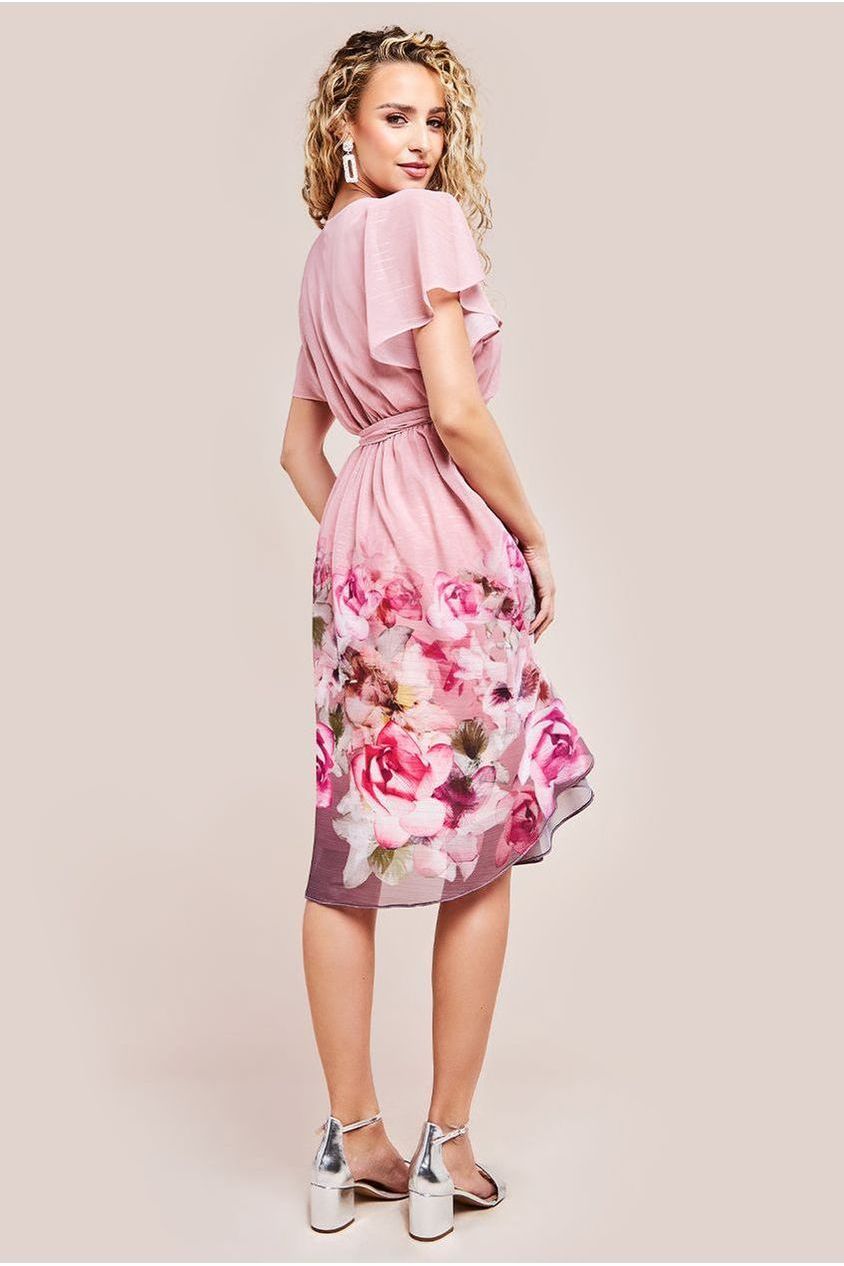 Chiffon Lurex Floral Border Print Midi Dress - Blush DR4331