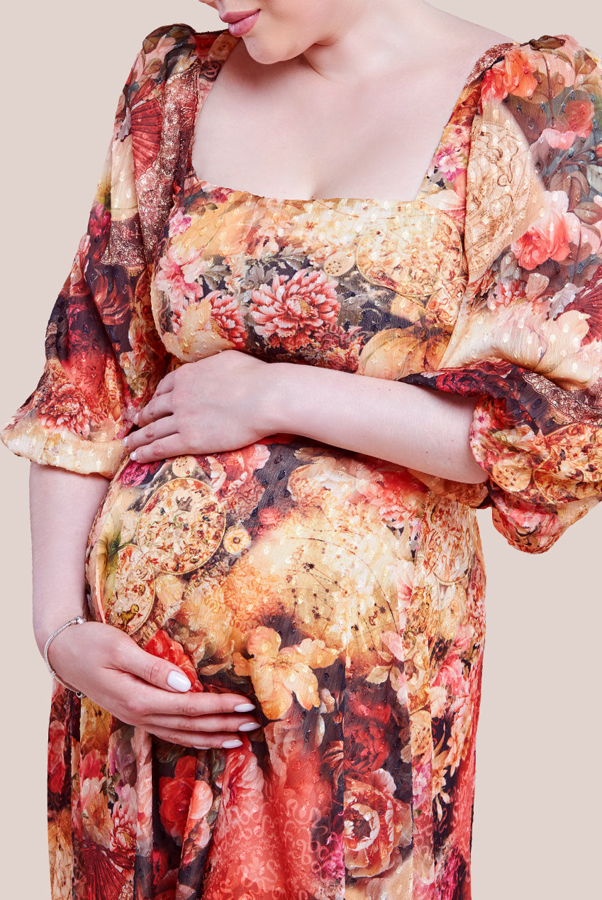 Maternity Puff Sleeve Printed Shirred Back Midi Dress - Orange DR4332MAT