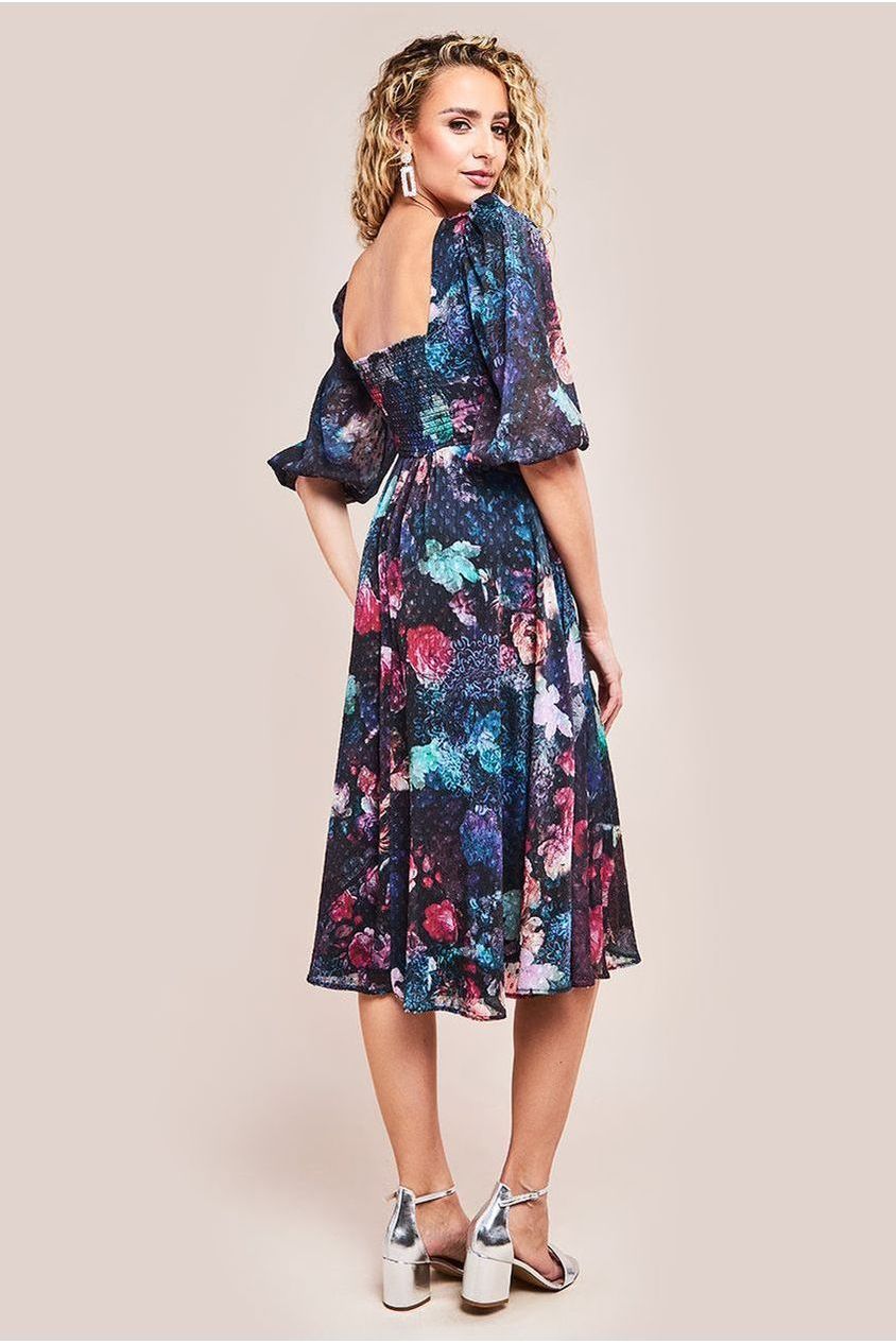 Puff Sleeve Shirred Back Midi Dress - Black DR4332