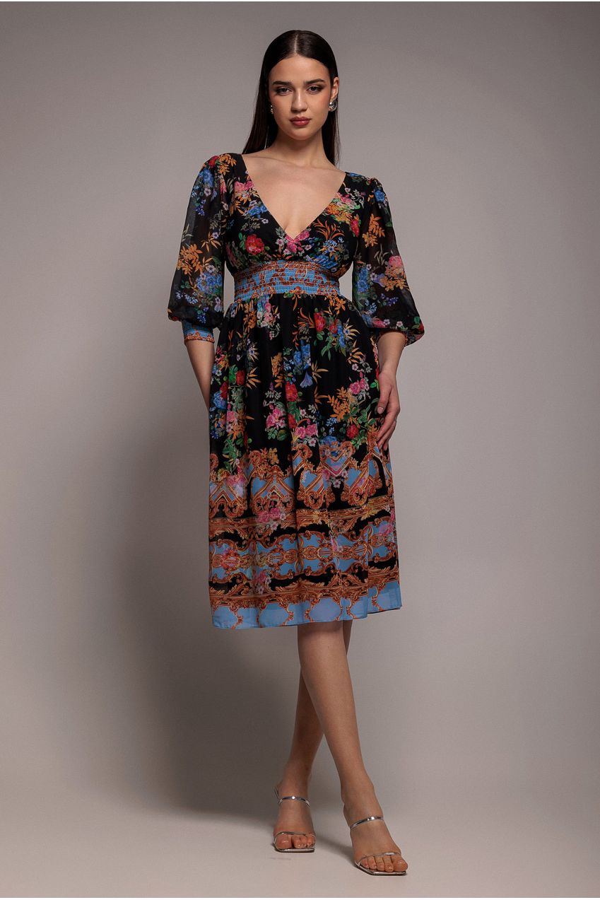Chiffon Wrap Border Floral Print Midi Dress - Black DR4333