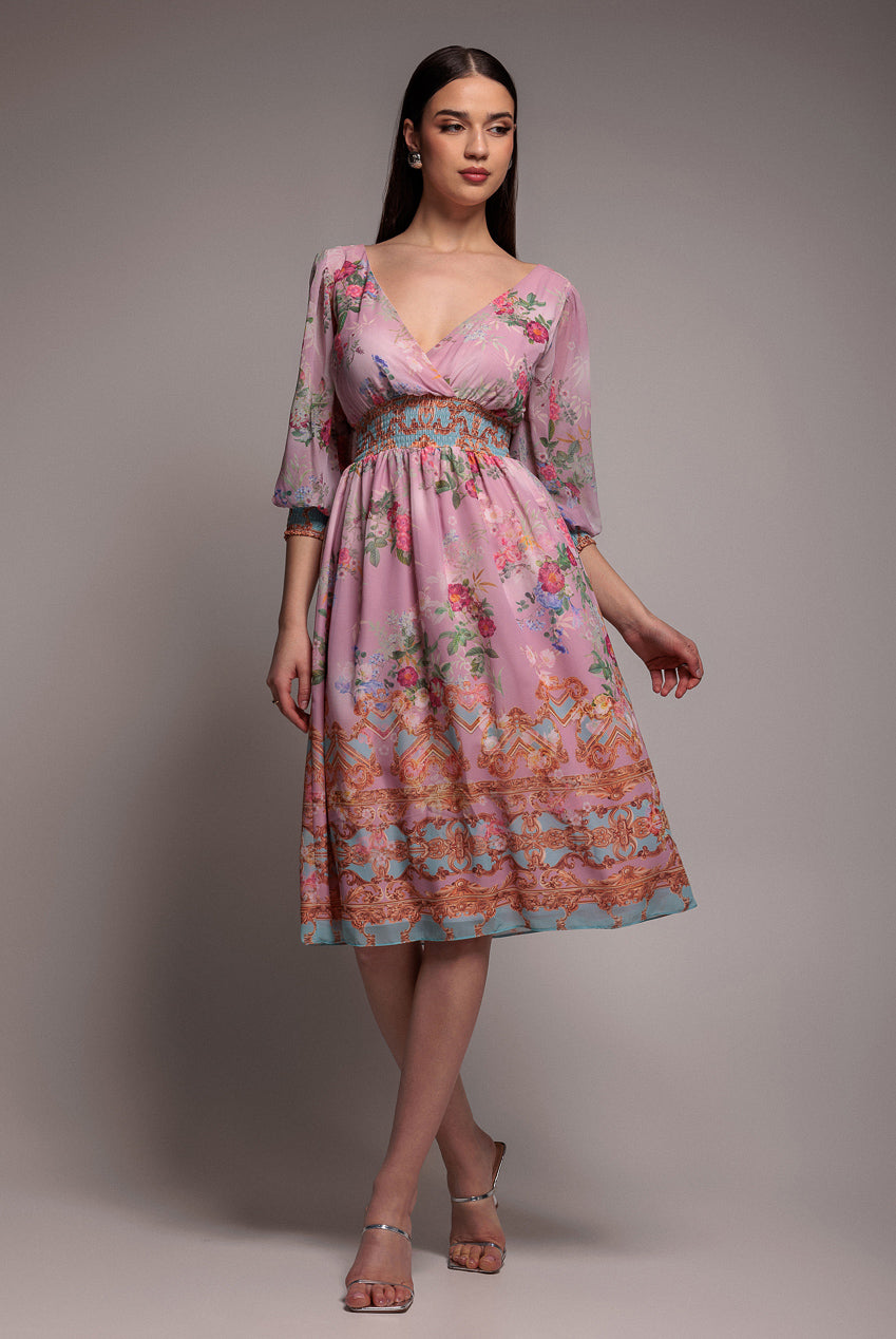 Chiffon Wrap Border Floral Print Midi Dress - Pink DR4333