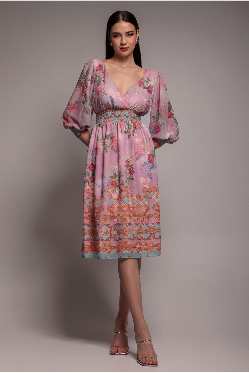 Chiffon Wrap Border Floral Print Midi Dress - Pink DR4333