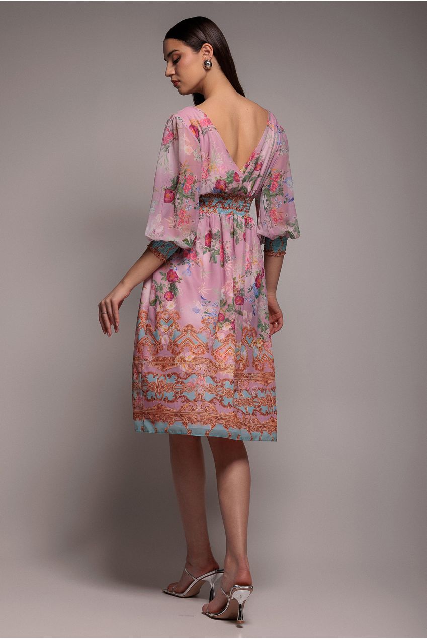 Chiffon Wrap Border Floral Print Midi Dress - Pink DR4333