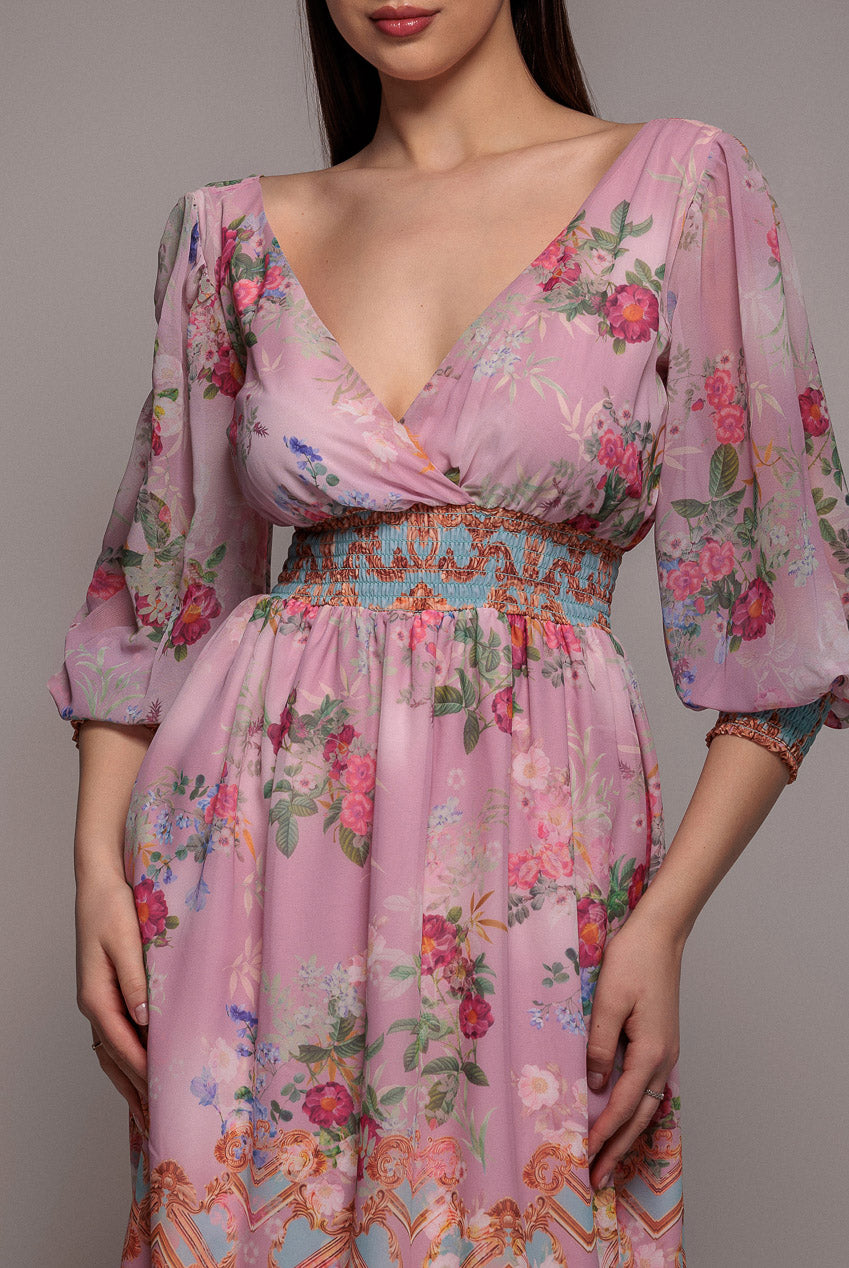 Chiffon Wrap Border Floral Print Midi Dress - Pink DR4333