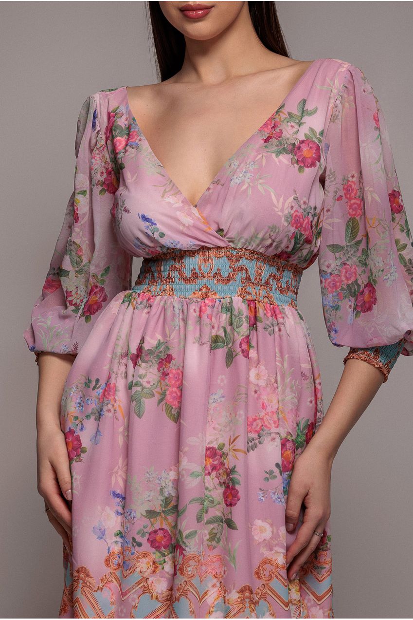 Chiffon Wrap Border Floral Print Midi Dress - Pink DR4333