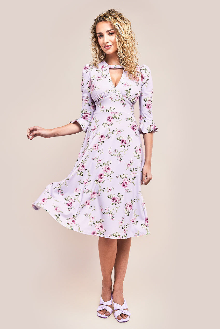 Floral Printed Flared Sleeve Midi - Lilac DR4345