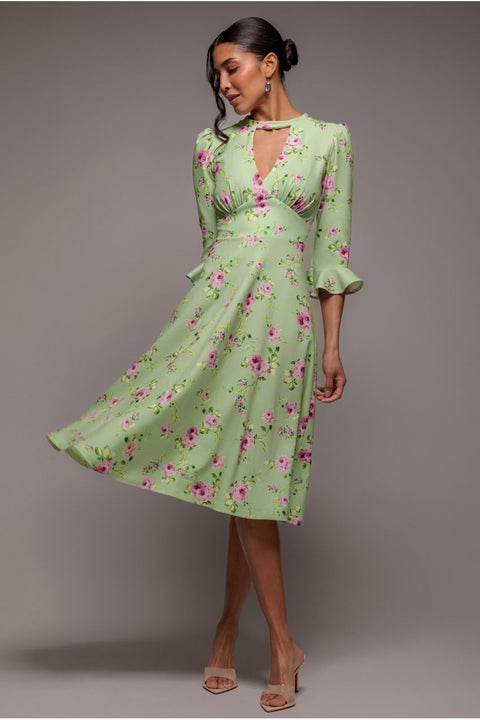 Floral Printed Flared Sleeve Midi - Sage Green by Goddiva