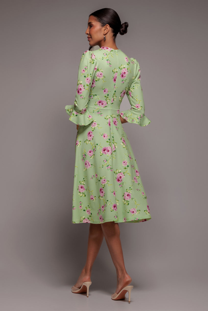 Floral Printed Flared Sleeve Midi - Sage Green DR4345