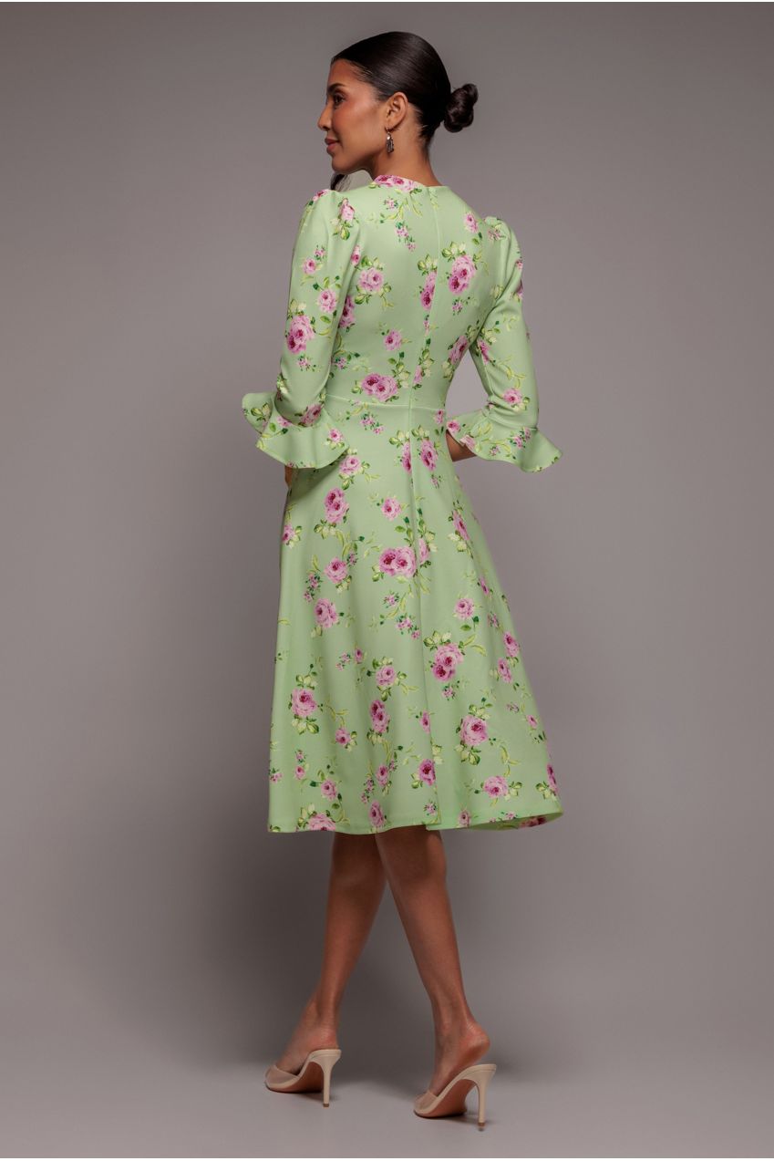 Floral Printed Flared Sleeve Midi - Sage Green DR4345