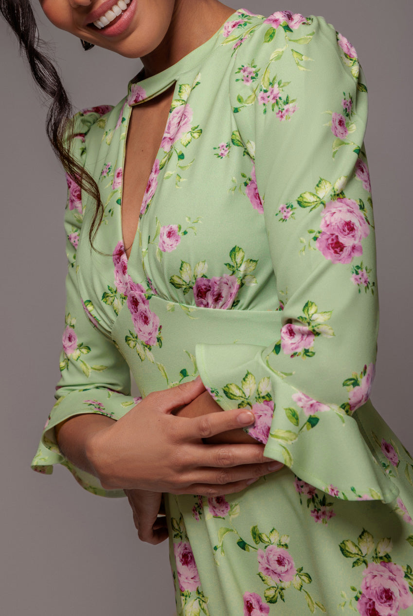 Floral Printed Flared Sleeve Midi - Sage Green DR4345