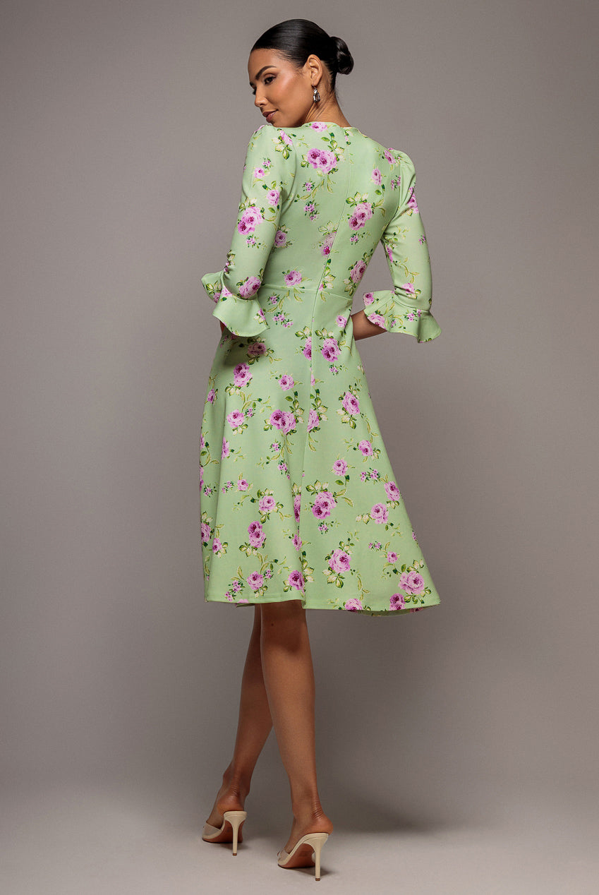 Floral Printed Flared Sleeve Midi - Sage Green DR4345