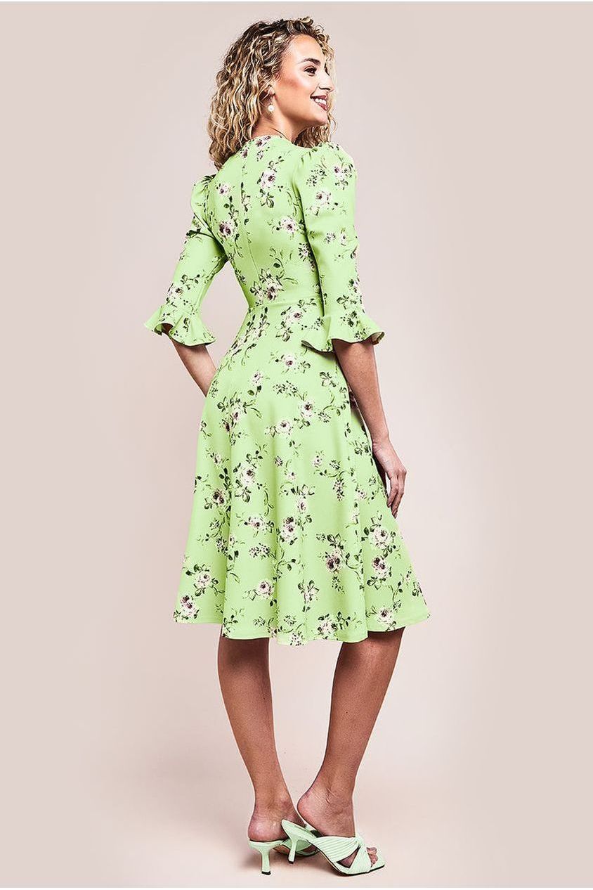 Floral Printed Flared Sleeve Midi - Sage Green DR4345