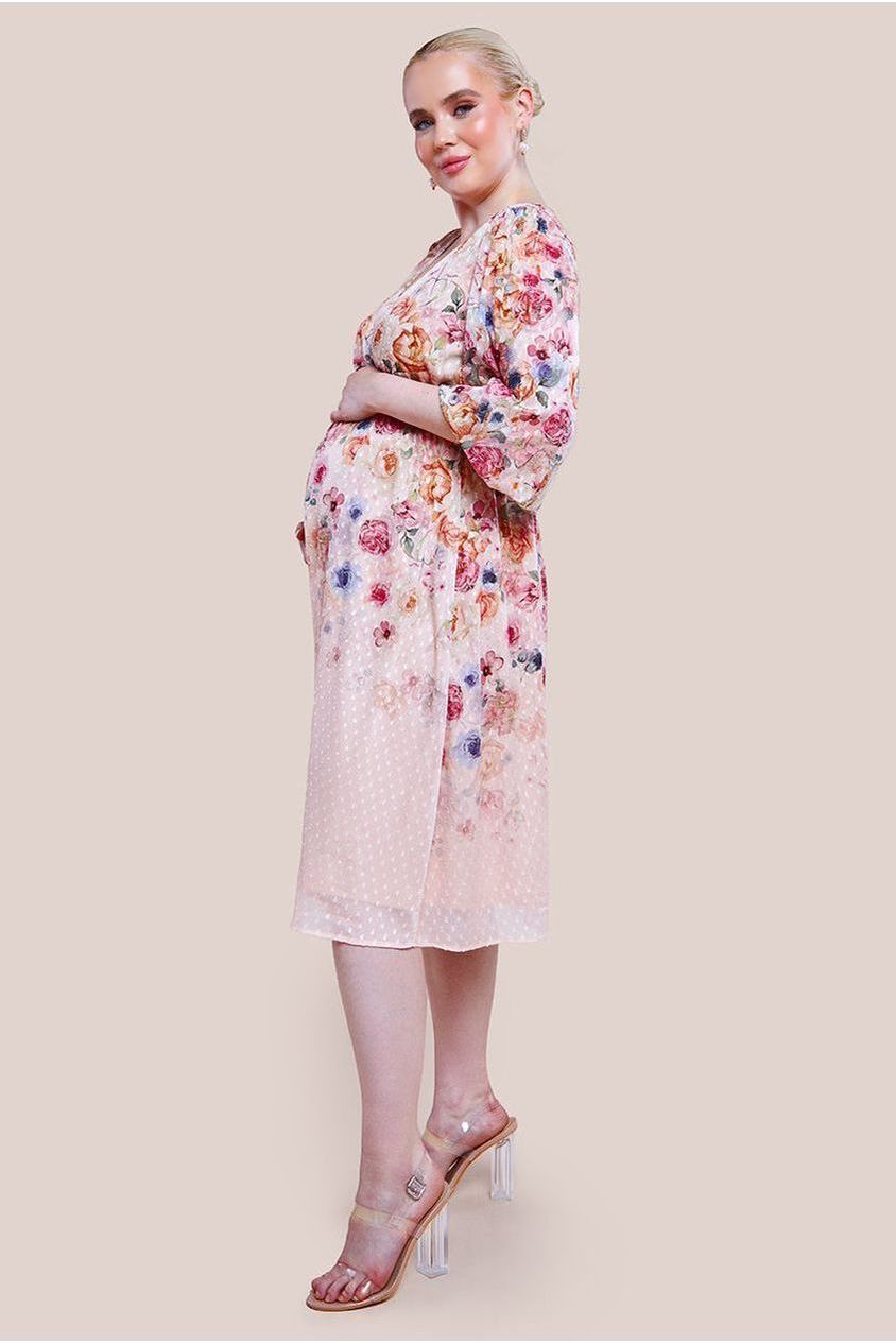 Maternity Ombre Floral Printed Wrap Midi Dress - Ivory DR4349MAT