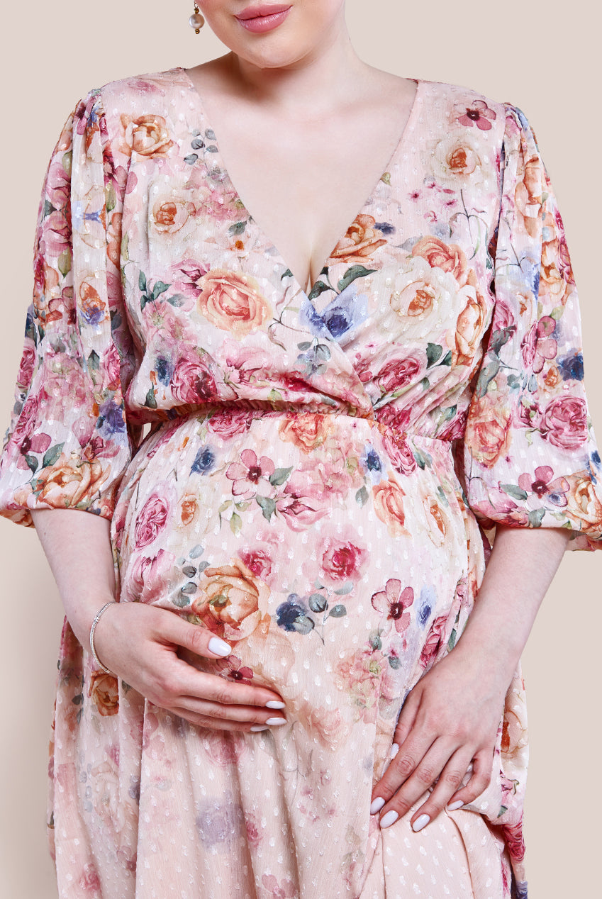 Maternity Ombre Floral Printed Wrap Midi Dress - Ivory DR4349MAT