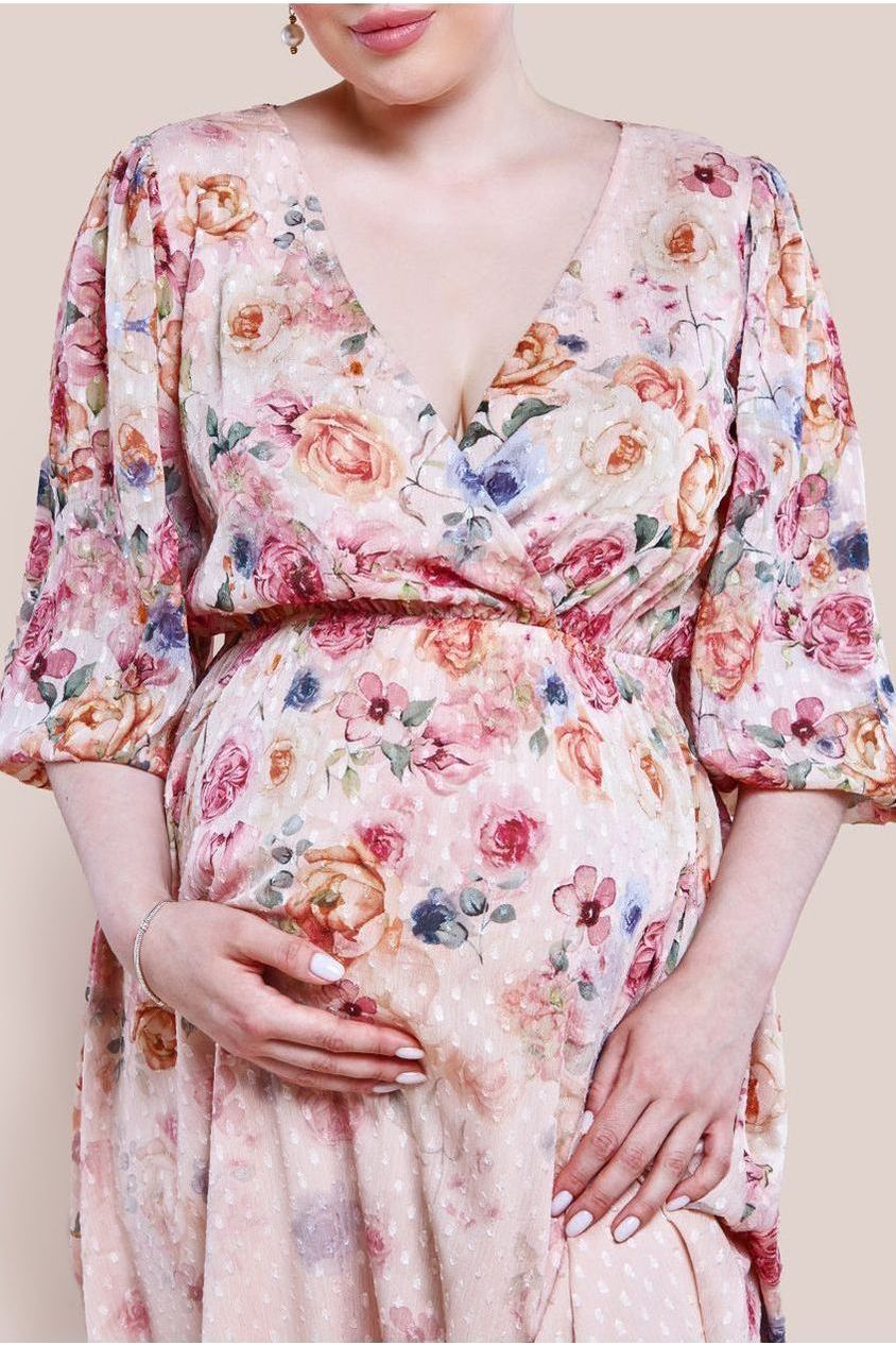 Maternity Ombre Floral Printed Wrap Midi Dress - Ivory DR4349MAT
