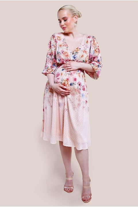 Maternity Ombre Floral Printed Wrap Midi Dress - Ivory by Goddiva
