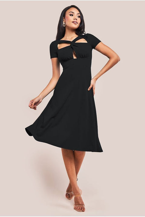 Scuba Crepe Twist Cutout Midi Dress - Black by Goddiva
