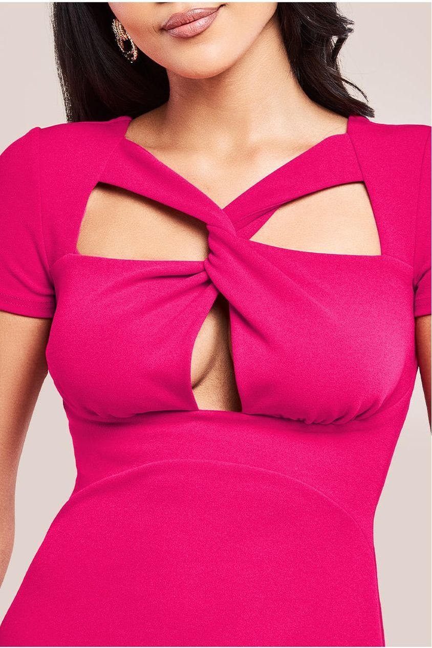 Scuba Crepe Twist Cutout Midi Dress - Hot Pink DR4351