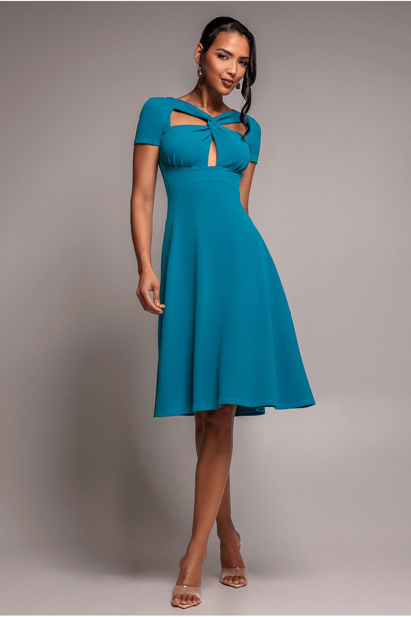 Scuba Crepe Twist Cutout Midi Dress - Teal Blue | Goddiva Scuba Crepe Twist Cutout Midi Dress - Teal Blue | Goddiva