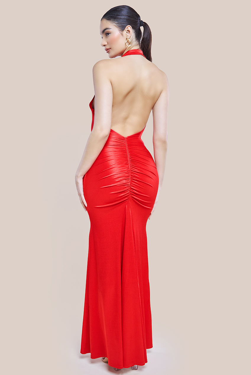 Halter Cowl Neck Back Maxi Dress - Red DR4387