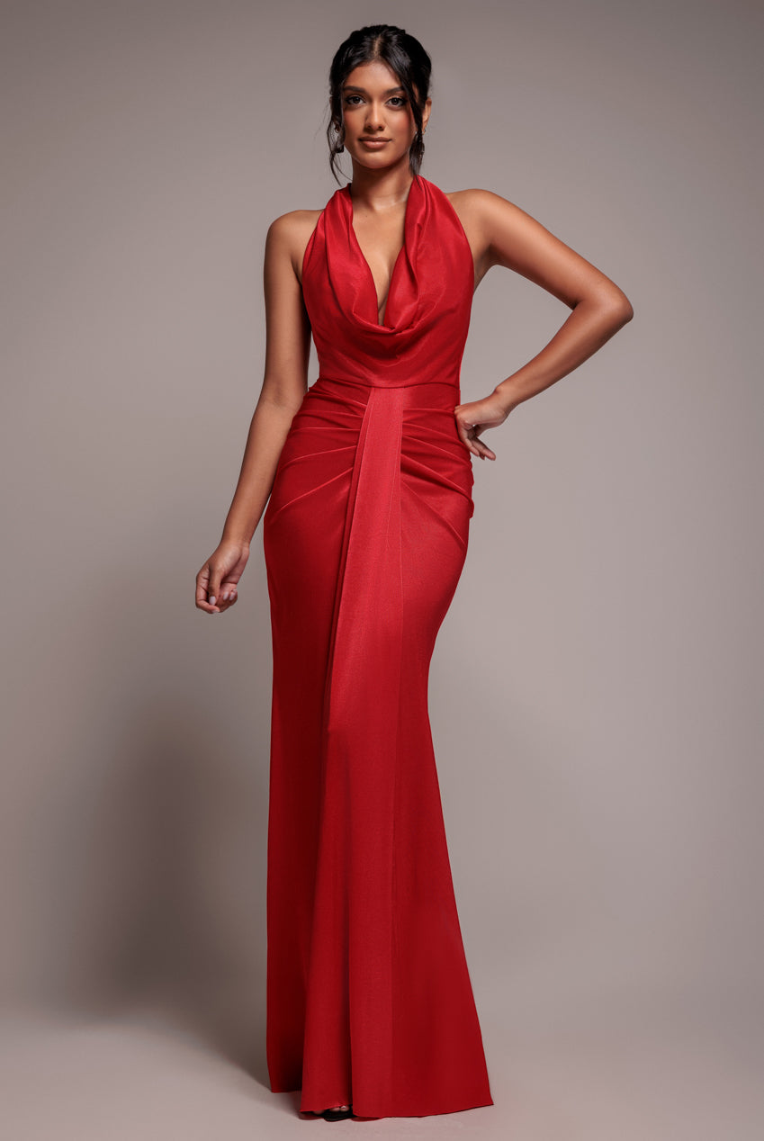 Open Back Cowl Neck Maxi Dress - Red DR4354