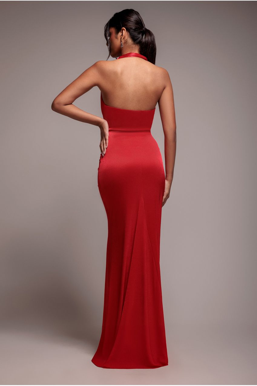 Open Back Cowl Neck Maxi Dress - Red DR4354