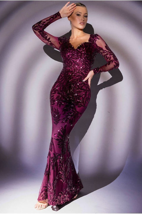 Sequin Leaf Long Sleeve Maxi Dress - Burgundy by Goddiva