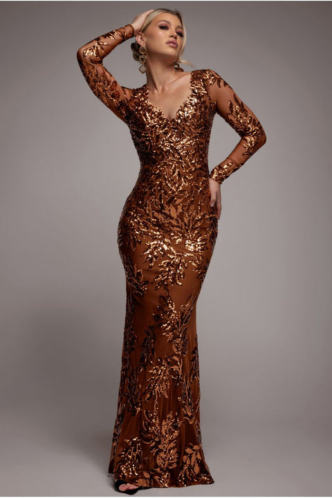 Sequin Leaf Long Sleeve Maxi Dress - Bronze by Goddiva