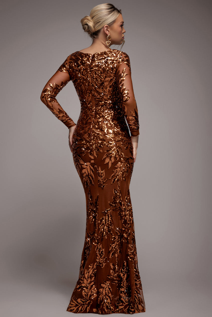 Sequin Leaf Long Sleeve Maxi Dress - Bronze DR4359