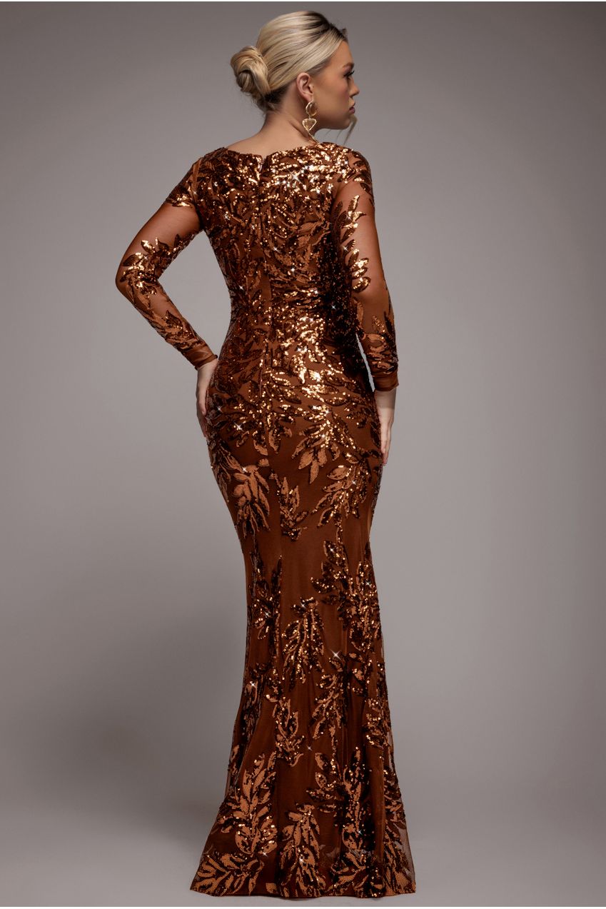 Sequin Leaf Long Sleeve Maxi Dress - Bronze DR4359