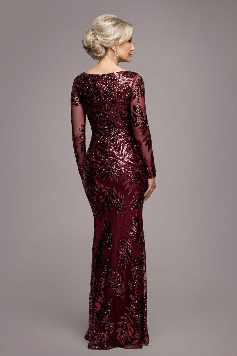 Sequin Leaf Long Sleeve Maxi Dress - Burgundy DR4359M