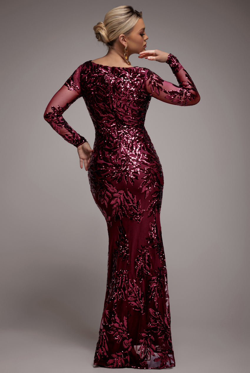 Sequin Leaf Long Sleeve Maxi Dress - Burgundy DR4359