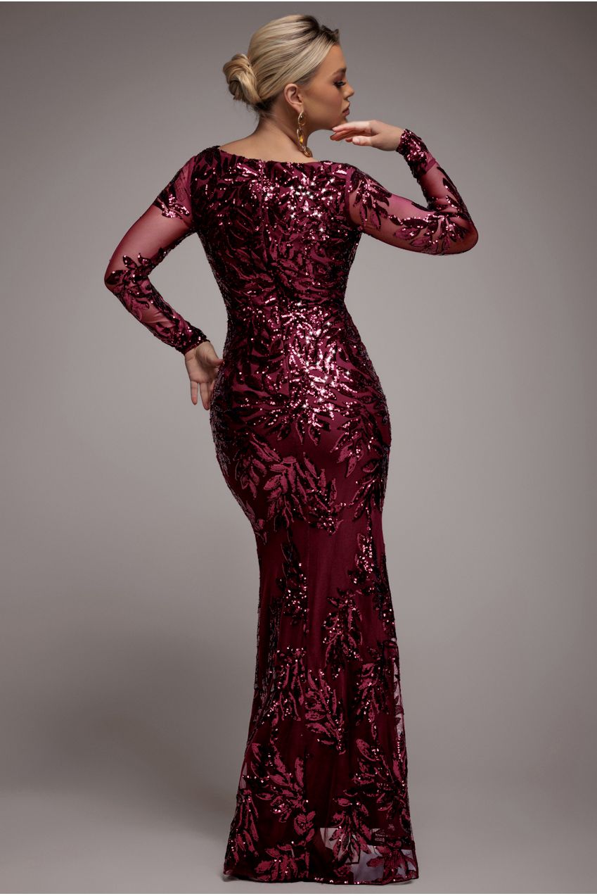 Sequin Leaf Long Sleeve Maxi Dress - Burgundy DR4359