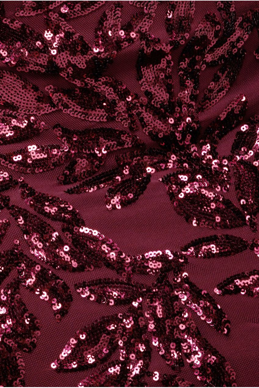 Sequin Leaf Long Sleeve Maxi Dress - Burgundy DR4359