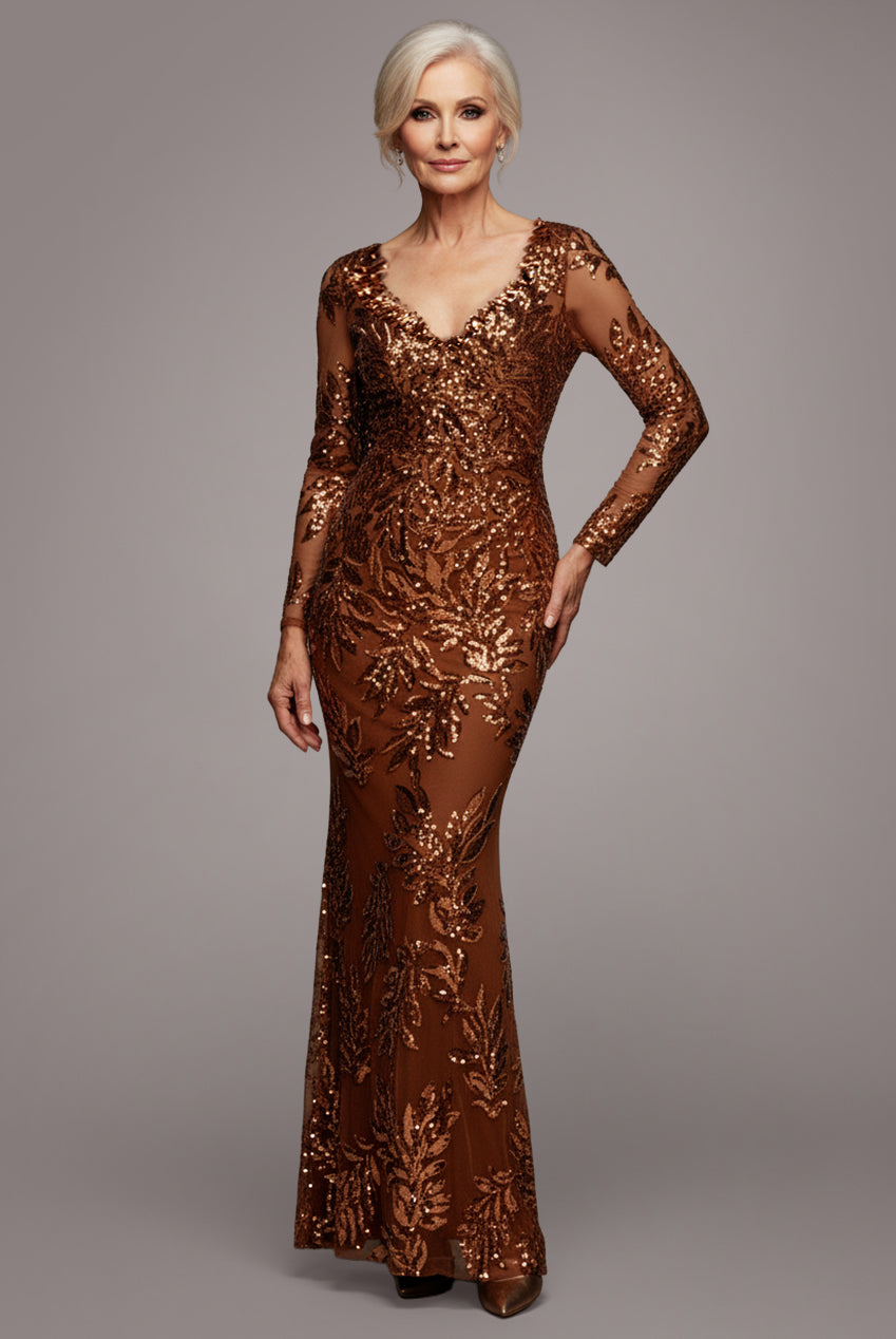 Sequin Leaf Long Sleeve Maxi Dress - Bronze DR4359M
