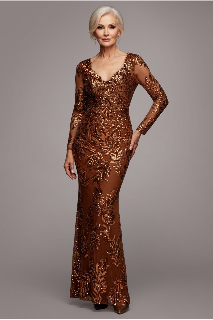 Sequin Leaf Long Sleeve Maxi Dress - Bronze DR4359M