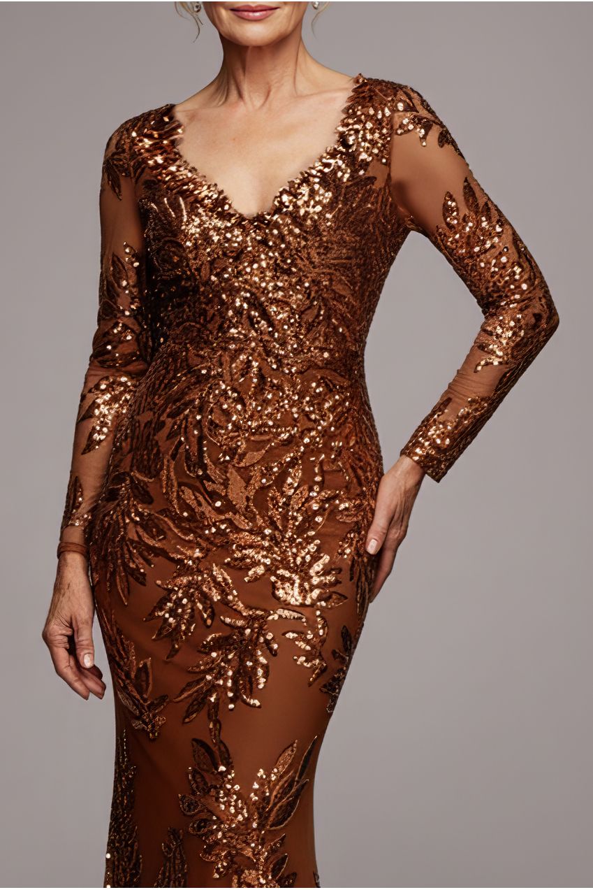 Sequin Leaf Long Sleeve Maxi Dress - Bronze DR4359M
