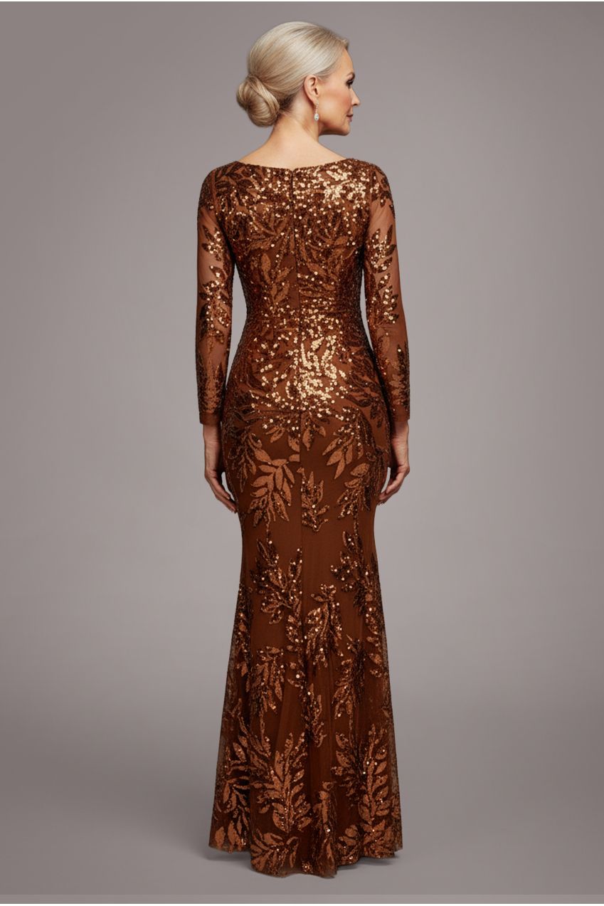Sequin Leaf Long Sleeve Maxi Dress - Bronze DR4359M