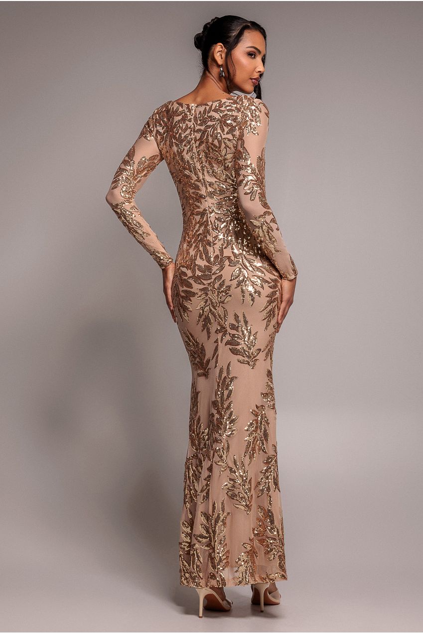 Sequin Leaf Long Sleeve Maxi Dress - Gold DR4359